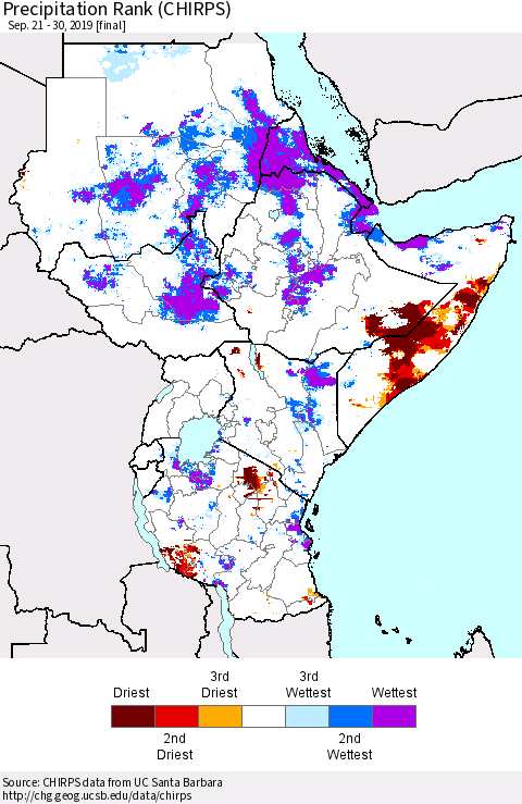 Eastern Africa Precipitation Rank since 1981 (CHIRPS) Thematic Map For 9/21/2019 - 9/30/2019