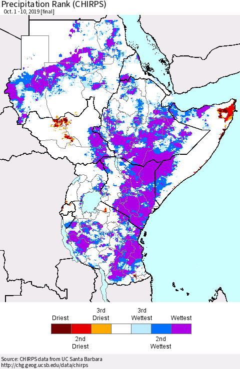 Eastern Africa Precipitation Rank (CHIRPS) Thematic Map For 10/1/2019 - 10/10/2019