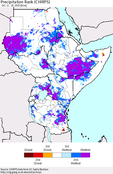 Eastern Africa Precipitation Rank (CHIRPS) Thematic Map For 10/11/2019 - 10/20/2019