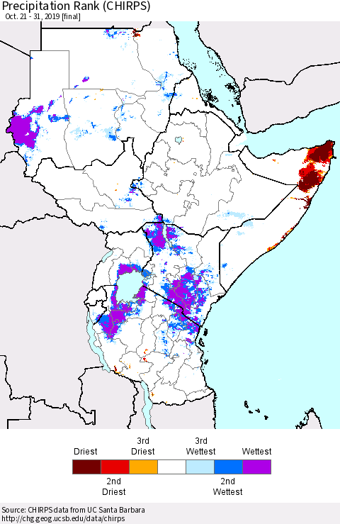 Eastern Africa Precipitation Rank since 1981 (CHIRPS) Thematic Map For 10/21/2019 - 10/31/2019
