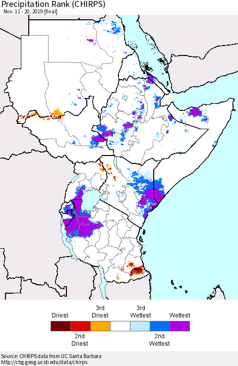 Eastern Africa Precipitation Rank since 1981 (CHIRPS) Thematic Map For 11/11/2019 - 11/20/2019