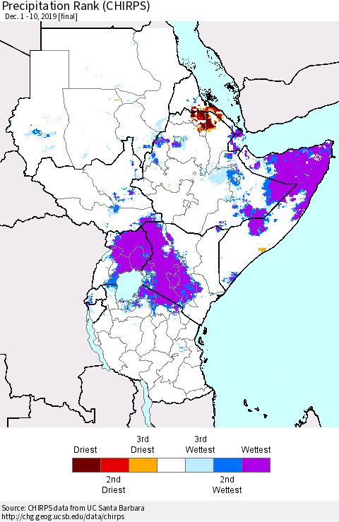 Eastern Africa Precipitation Rank since 1981 (CHIRPS) Thematic Map For 12/1/2019 - 12/10/2019
