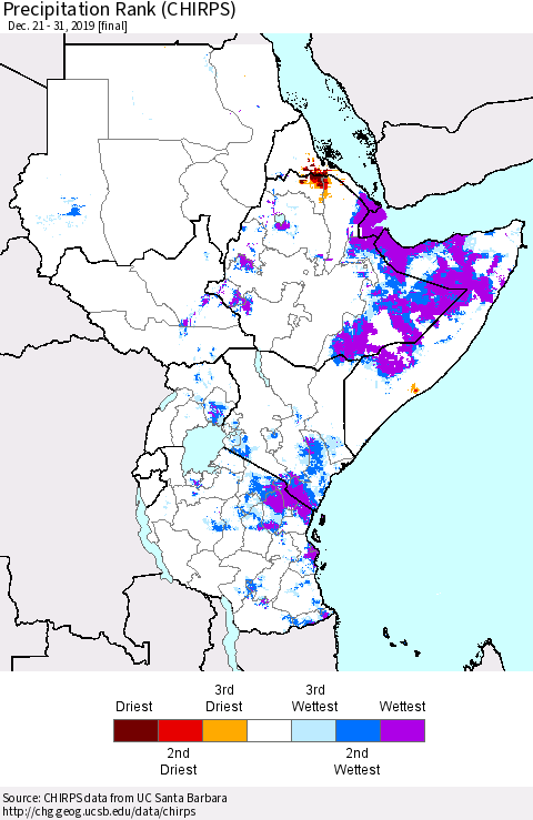 Eastern Africa Precipitation Rank (CHIRPS) Thematic Map For 12/21/2019 - 12/31/2019