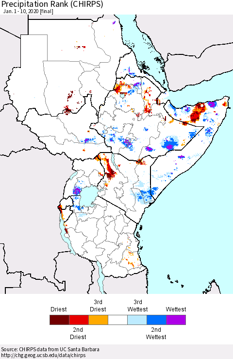 Eastern Africa Precipitation Rank (CHIRPS) Thematic Map For 1/1/2020 - 1/10/2020