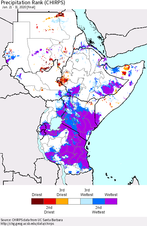 Eastern Africa Precipitation Rank (CHIRPS) Thematic Map For 1/21/2020 - 1/31/2020