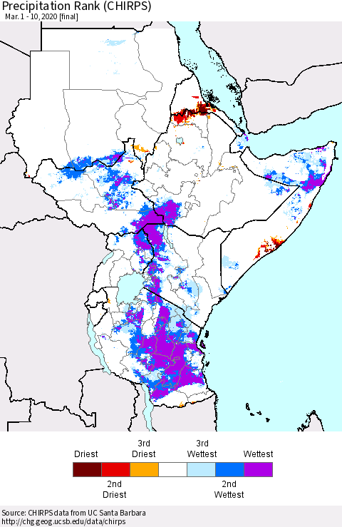 Eastern Africa Precipitation Rank (CHIRPS) Thematic Map For 3/1/2020 - 3/10/2020