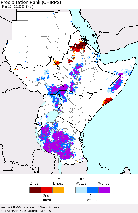 Eastern Africa Precipitation Rank (CHIRPS) Thematic Map For 3/11/2020 - 3/20/2020