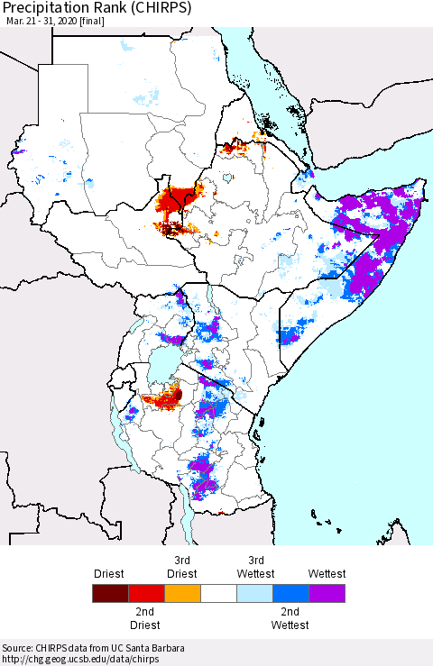 Eastern Africa Precipitation Rank (CHIRPS) Thematic Map For 3/21/2020 - 3/31/2020