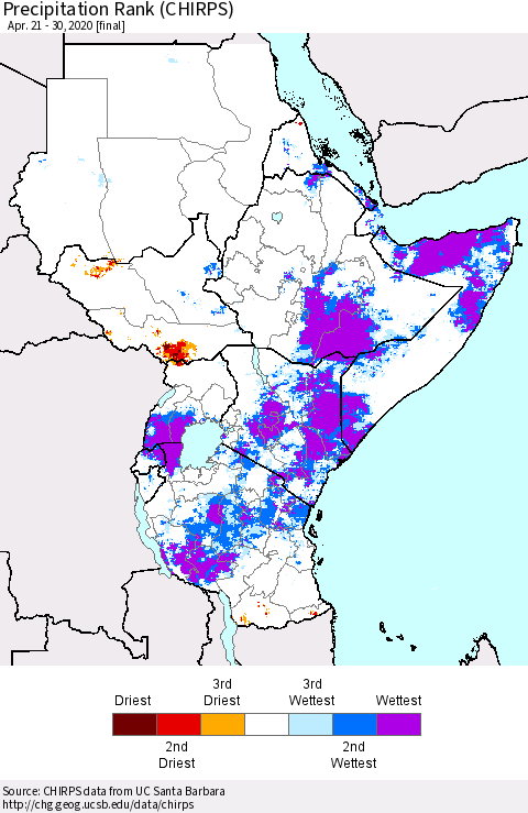 Eastern Africa Precipitation Rank since 1981 (CHIRPS) Thematic Map For 4/21/2020 - 4/30/2020