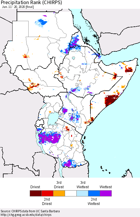 Eastern Africa Precipitation Rank since 1981 (CHIRPS) Thematic Map For 6/11/2020 - 6/20/2020