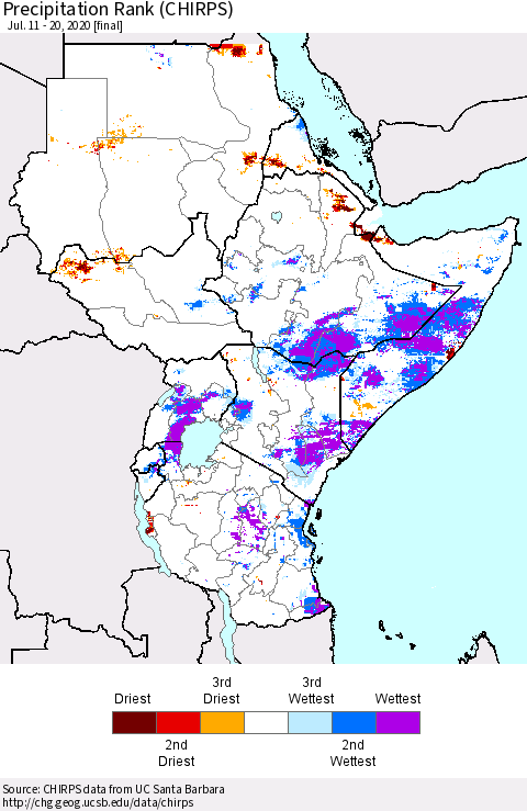 Eastern Africa Precipitation Rank (CHIRPS) Thematic Map For 7/11/2020 - 7/20/2020