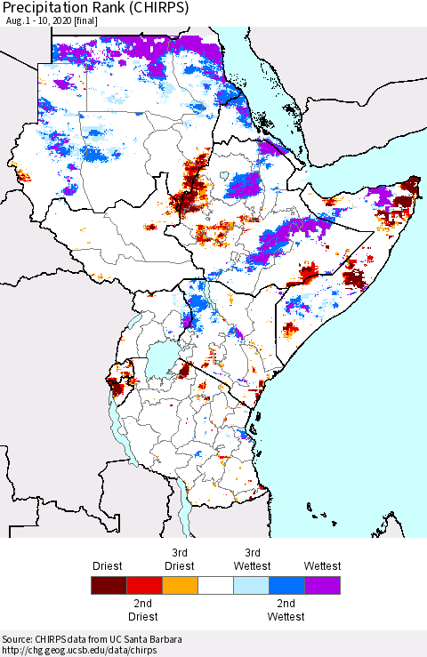 Eastern Africa Precipitation Rank (CHIRPS) Thematic Map For 8/1/2020 - 8/10/2020
