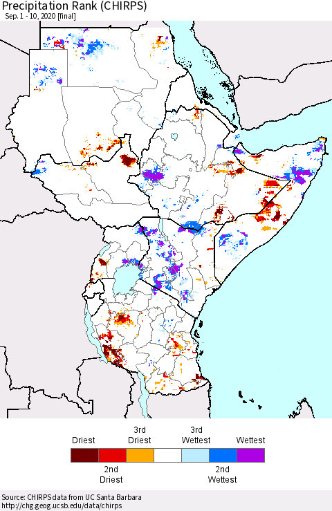 Eastern Africa Precipitation Rank (CHIRPS) Thematic Map For 9/1/2020 - 9/10/2020