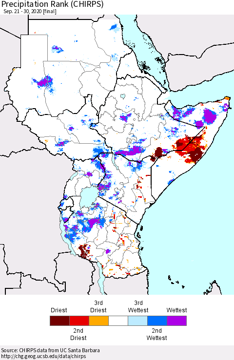 Eastern Africa Precipitation Rank (CHIRPS) Thematic Map For 9/21/2020 - 9/30/2020