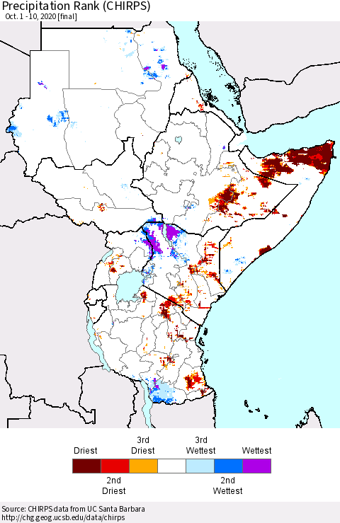 Eastern Africa Precipitation Rank (CHIRPS) Thematic Map For 10/1/2020 - 10/10/2020