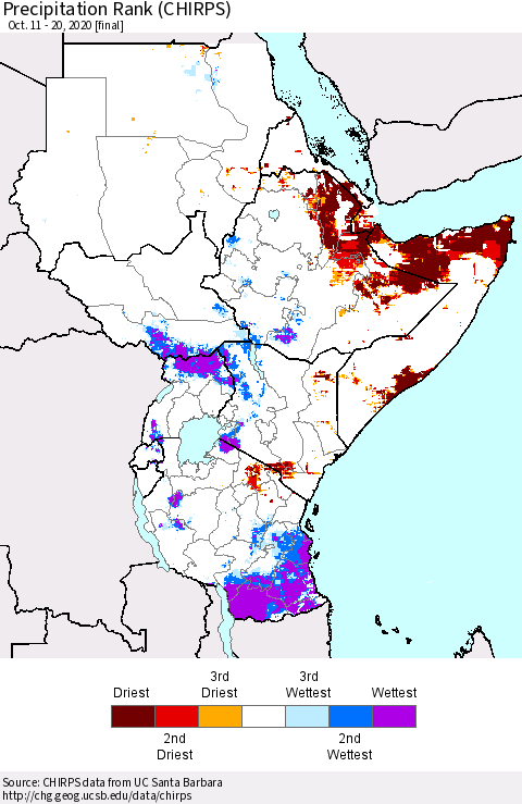 Eastern Africa Precipitation Rank (CHIRPS) Thematic Map For 10/11/2020 - 10/20/2020
