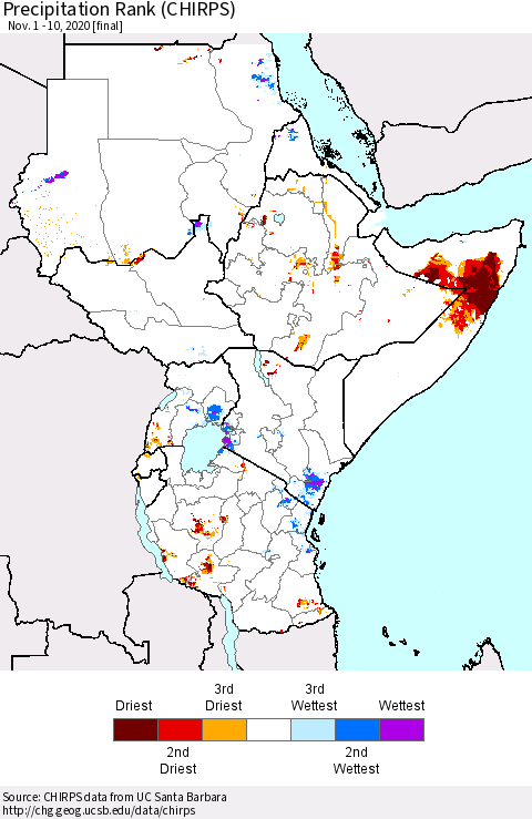 Eastern Africa Precipitation Rank since 1981 (CHIRPS) Thematic Map For 11/1/2020 - 11/10/2020
