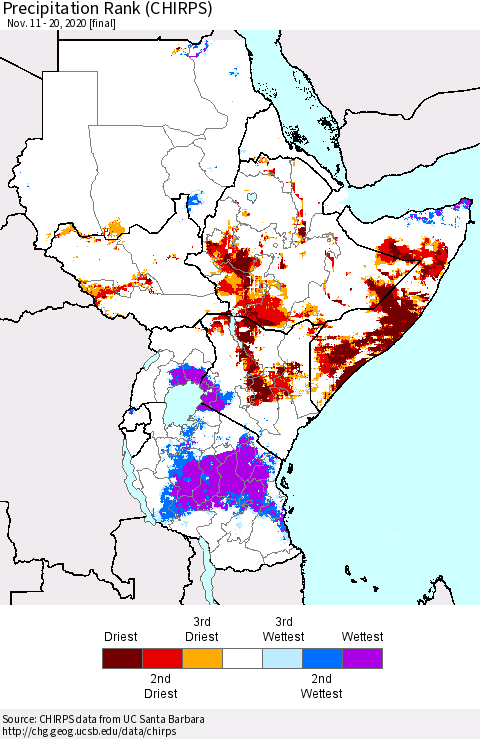 Eastern Africa Precipitation Rank (CHIRPS) Thematic Map For 11/11/2020 - 11/20/2020