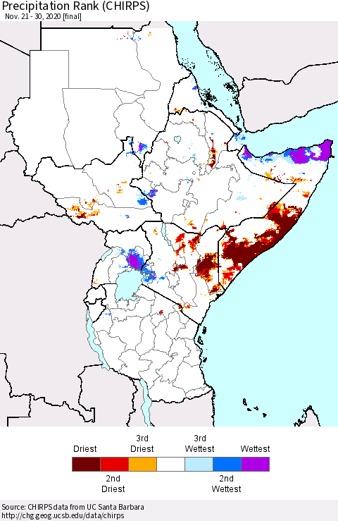 Eastern Africa Precipitation Rank since 1981 (CHIRPS) Thematic Map For 11/21/2020 - 11/30/2020