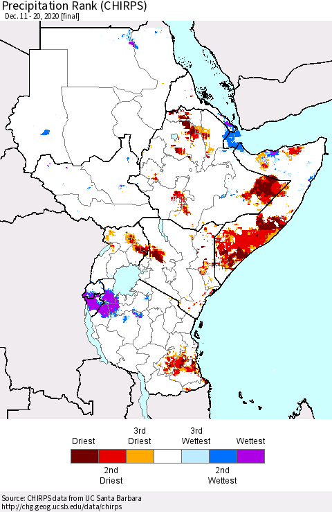 Eastern Africa Precipitation Rank since 1981 (CHIRPS) Thematic Map For 12/11/2020 - 12/20/2020