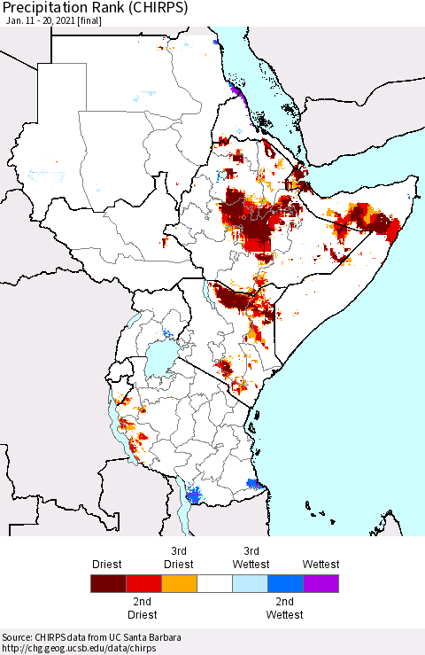Eastern Africa Precipitation Rank since 1981 (CHIRPS) Thematic Map For 1/11/2021 - 1/20/2021