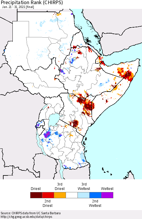 Eastern Africa Precipitation Rank (CHIRPS) Thematic Map For 1/21/2021 - 1/31/2021