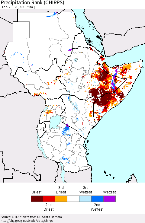 Eastern Africa Precipitation Rank (CHIRPS) Thematic Map For 2/21/2021 - 2/28/2021