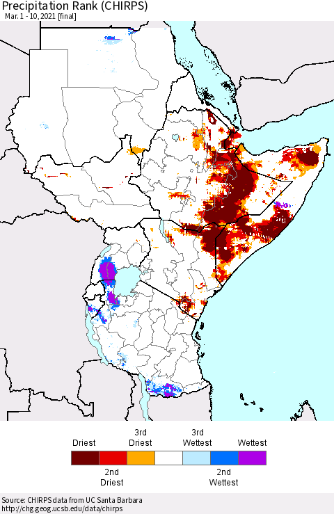 Eastern Africa Precipitation Rank (CHIRPS) Thematic Map For 3/1/2021 - 3/10/2021