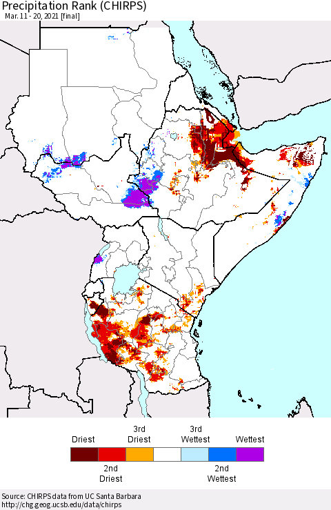 Eastern Africa Precipitation Rank (CHIRPS) Thematic Map For 3/11/2021 - 3/20/2021