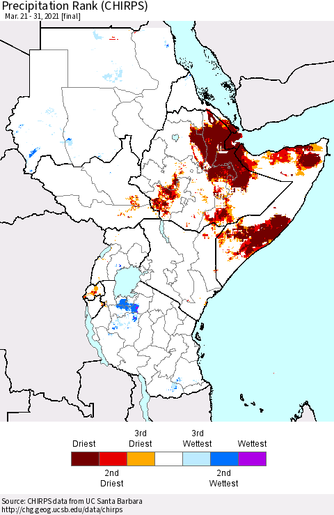 Eastern Africa Precipitation Rank (CHIRPS) Thematic Map For 3/21/2021 - 3/31/2021