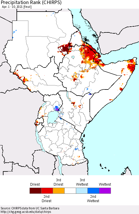 Eastern Africa Precipitation Rank (CHIRPS) Thematic Map For 4/1/2021 - 4/10/2021