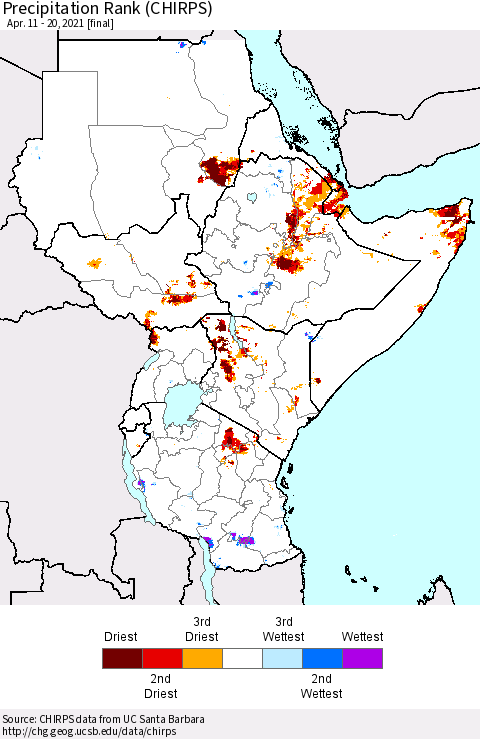 Eastern Africa Precipitation Rank (CHIRPS) Thematic Map For 4/11/2021 - 4/20/2021
