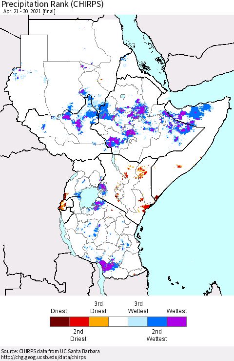 Eastern Africa Precipitation Rank (CHIRPS) Thematic Map For 4/21/2021 - 4/30/2021