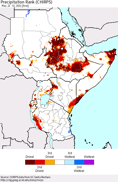 Eastern Africa Precipitation Rank (CHIRPS) Thematic Map For 5/21/2021 - 5/31/2021