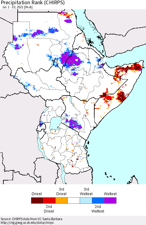 Eastern Africa Precipitation Rank (CHIRPS) Thematic Map For 7/1/2021 - 7/10/2021