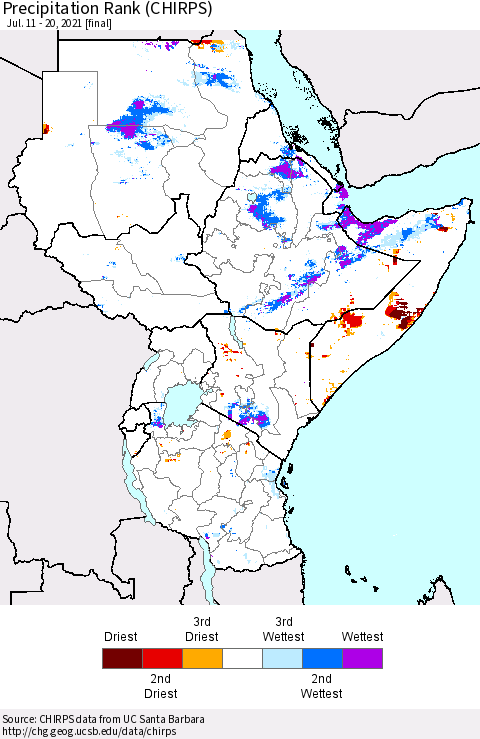Eastern Africa Precipitation Rank (CHIRPS) Thematic Map For 7/11/2021 - 7/20/2021