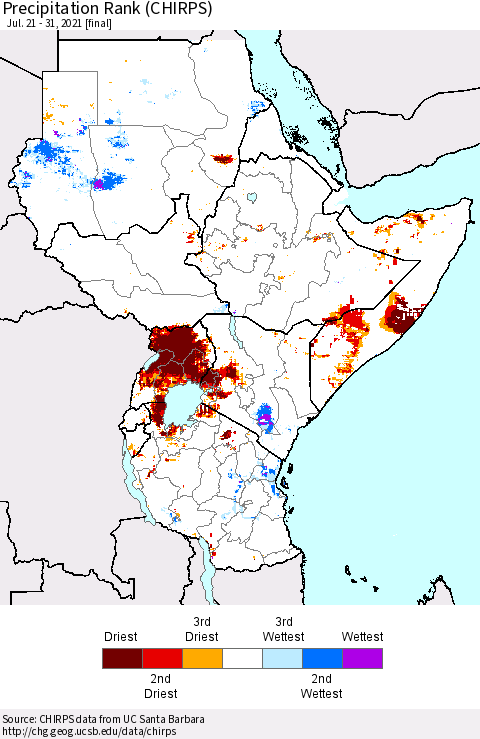 Eastern Africa Precipitation Rank (CHIRPS) Thematic Map For 7/21/2021 - 7/31/2021