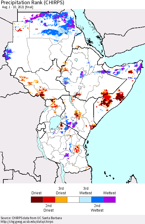 Eastern Africa Precipitation Rank (CHIRPS) Thematic Map For 8/1/2021 - 8/10/2021
