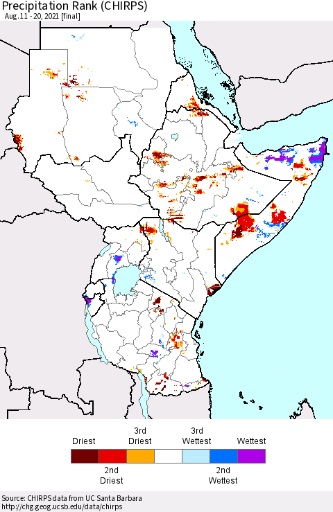 Eastern Africa Precipitation Rank (CHIRPS) Thematic Map For 8/11/2021 - 8/20/2021