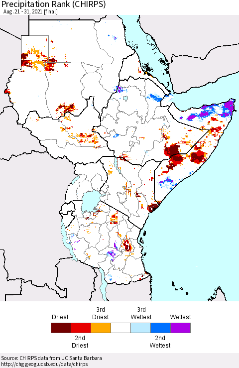 Eastern Africa Precipitation Rank (CHIRPS) Thematic Map For 8/21/2021 - 8/31/2021