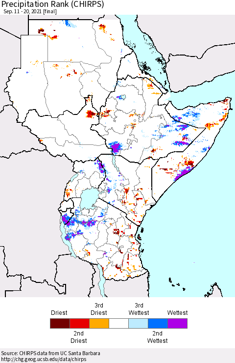 Eastern Africa Precipitation Rank (CHIRPS) Thematic Map For 9/11/2021 - 9/20/2021