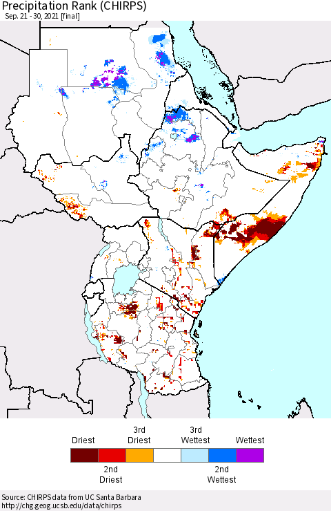 Eastern Africa Precipitation Rank (CHIRPS) Thematic Map For 9/21/2021 - 9/30/2021