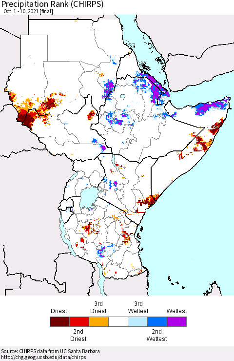 Eastern Africa Precipitation Rank (CHIRPS) Thematic Map For 10/1/2021 - 10/10/2021