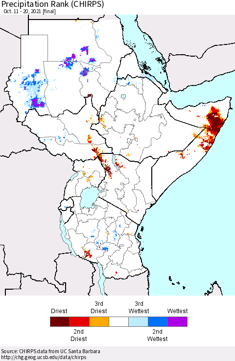 Eastern Africa Precipitation Rank since 1981 (CHIRPS) Thematic Map For 10/11/2021 - 10/20/2021