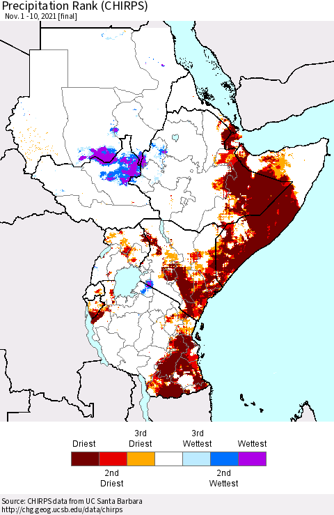 Eastern Africa Precipitation Rank since 1981 (CHIRPS) Thematic Map For 11/1/2021 - 11/10/2021