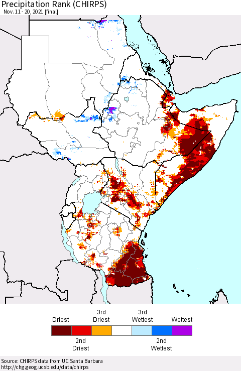 Eastern Africa Precipitation Rank (CHIRPS) Thematic Map For 11/11/2021 - 11/20/2021