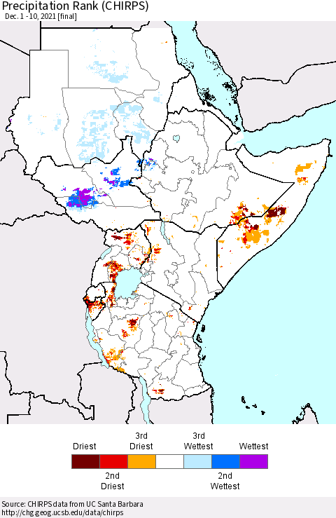 Eastern Africa Precipitation Rank (CHIRPS) Thematic Map For 12/1/2021 - 12/10/2021