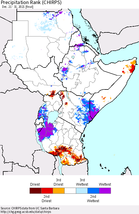 Eastern Africa Precipitation Rank (CHIRPS) Thematic Map For 12/21/2021 - 12/31/2021