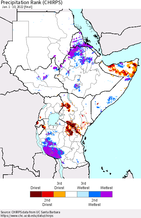 Eastern Africa Precipitation Rank since 1981 (CHIRPS) Thematic Map For 1/1/2022 - 1/10/2022