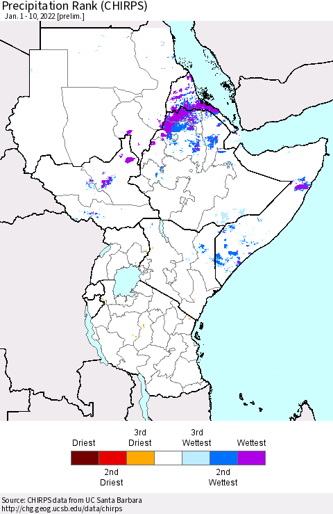 Eastern Africa Precipitation Rank (CHIRPS) Thematic Map For 1/1/2022 - 1/10/2022